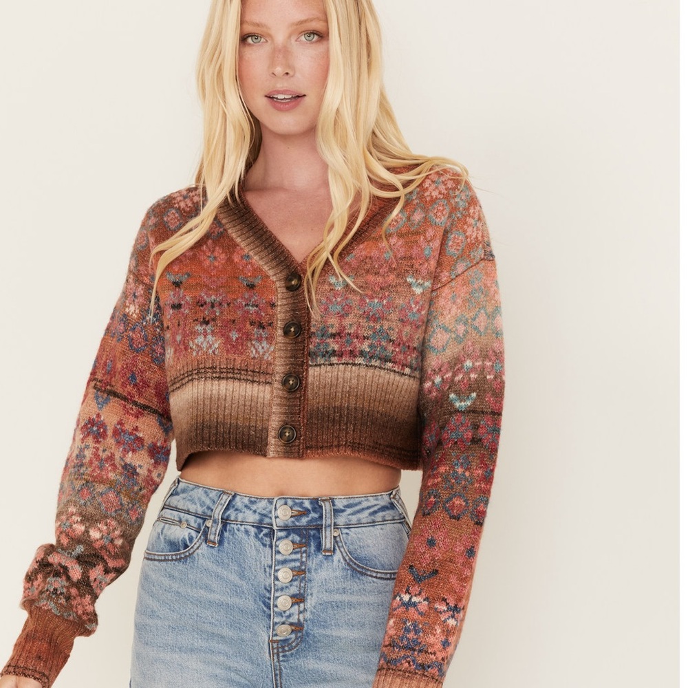 Geo Pattern Knit Cropped Cardigan